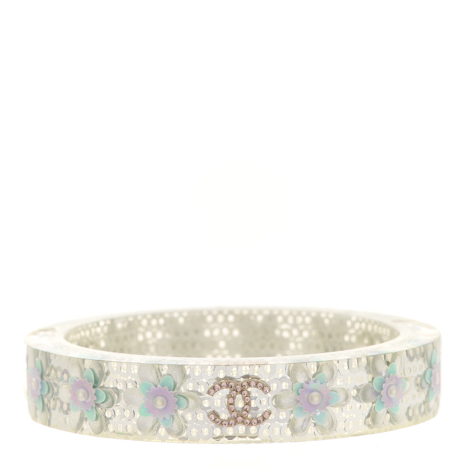 Chanel Lucite Crystal Sequin Flower CC Bangle White 1 of 5