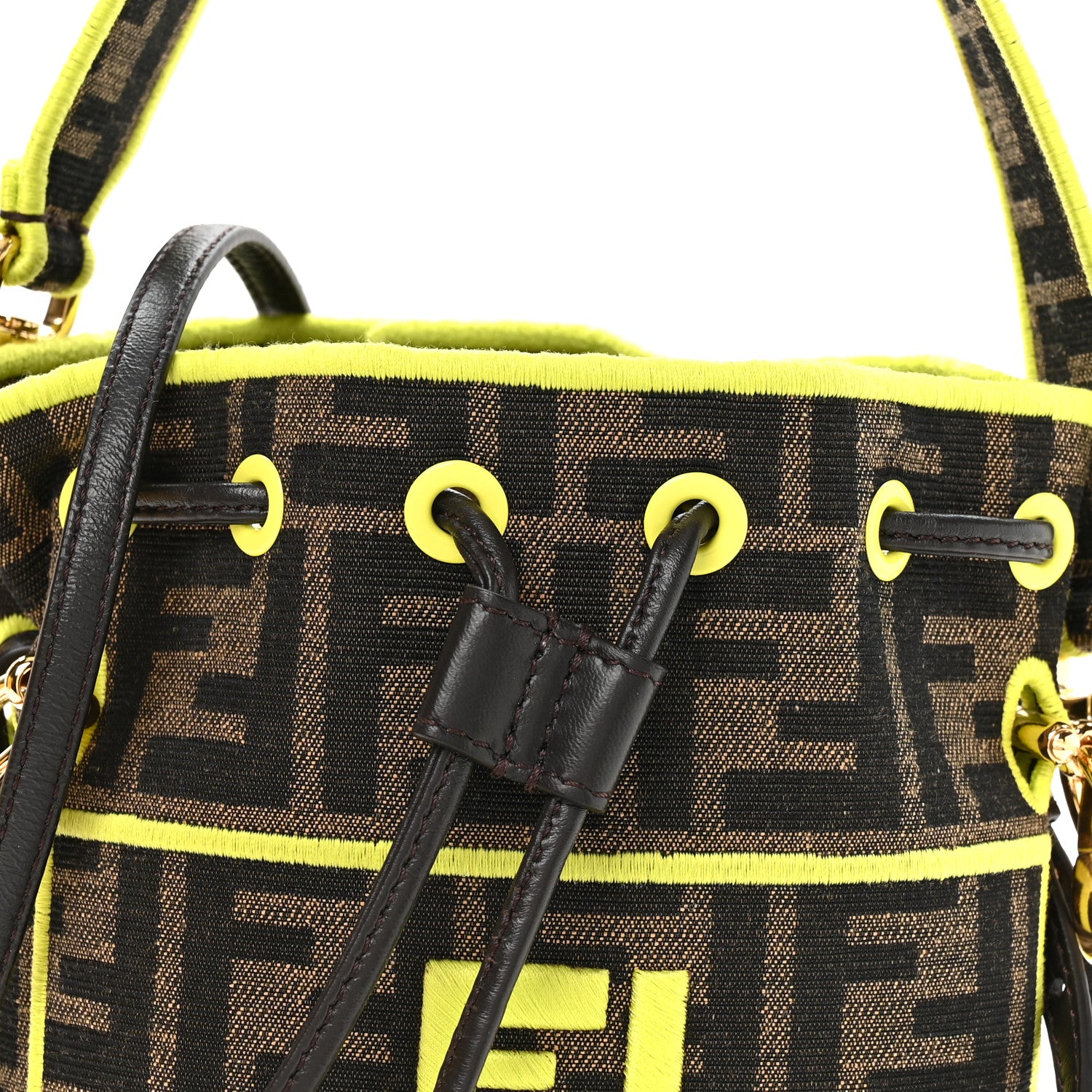 Fendi Fabric Jacquard Shiny Nappa FF 1974 Logo Threaded Edge Mini Mon Tresor Bucket Bag Tobacco Moro Giallo Fluo 6 of 9
