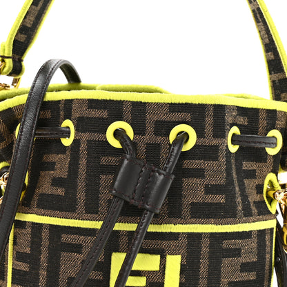 Fendi Fabric Jacquard Shiny Nappa FF 1974 Logo Threaded Edge Mini Mon Tresor Bucket Bag Tobacco Moro Giallo Fluo 6 of 9