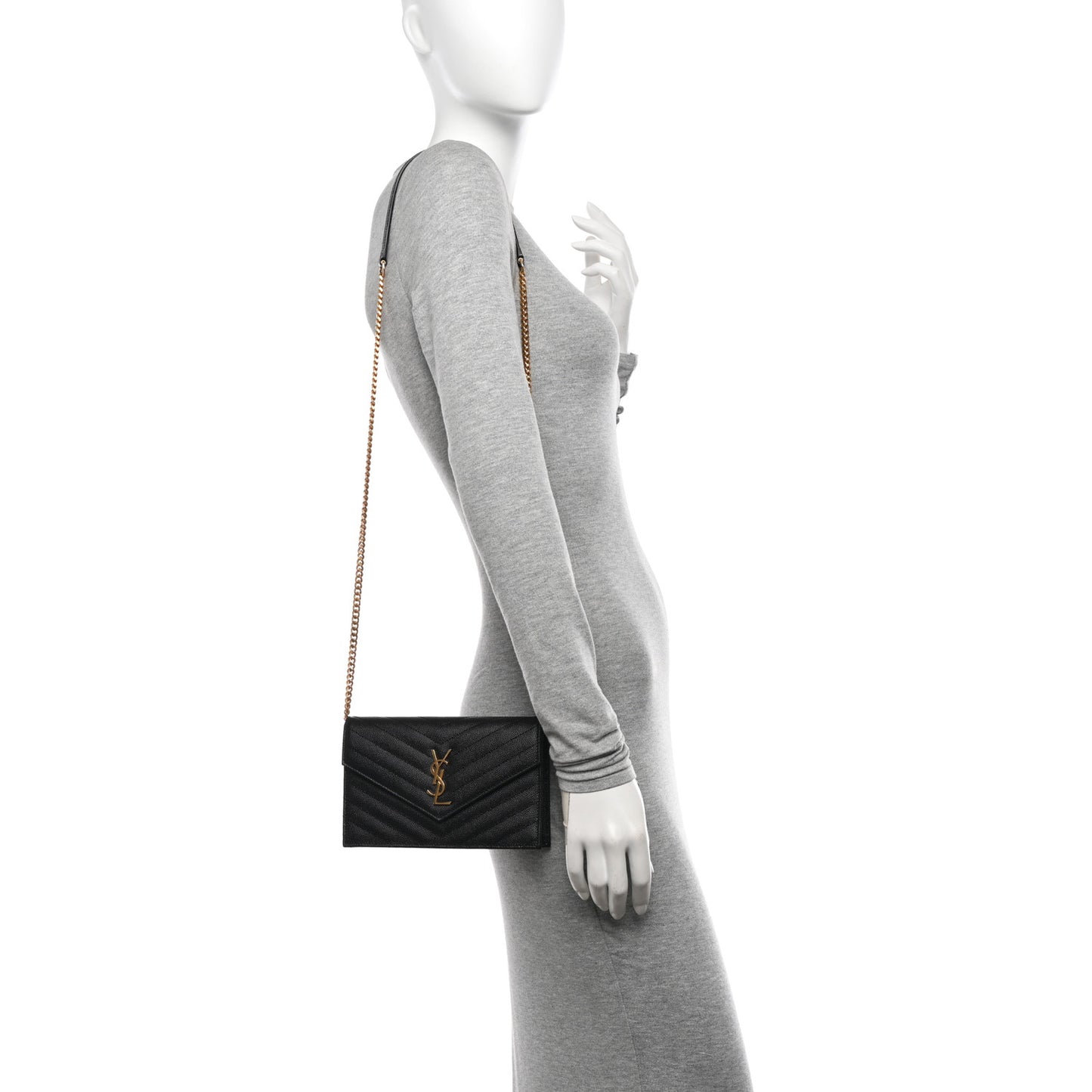 Grain De Poudre Matelasse Chevron Monogram Envelope Chain Wallet Black