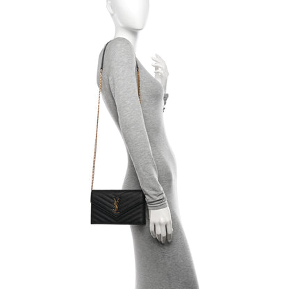 Saint Laurent Grain De Poudre Matelasse Chevron Monogram Envelope Chain Wallet Black 2 of 10