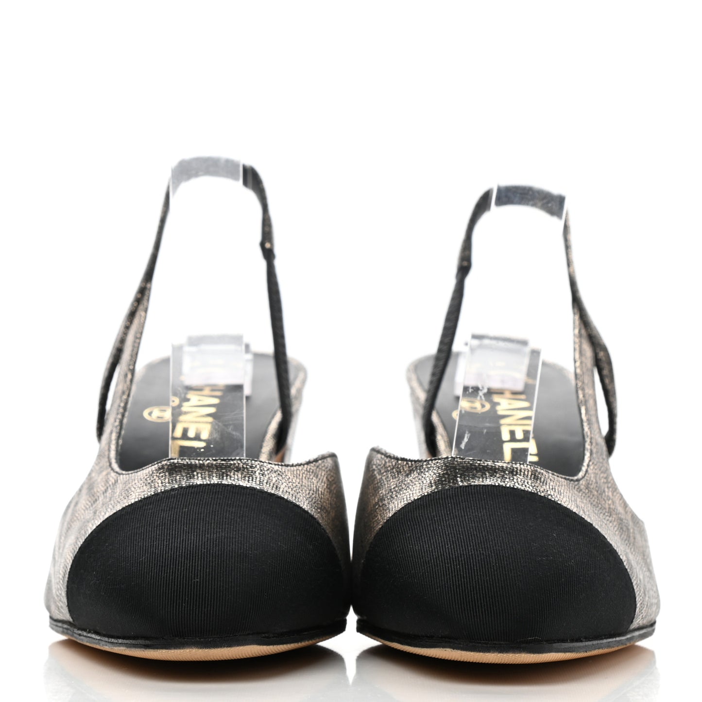Metallic Lambskin Grosgrain Cap Toe CC Slingback Sandals 38.5 Black Gold