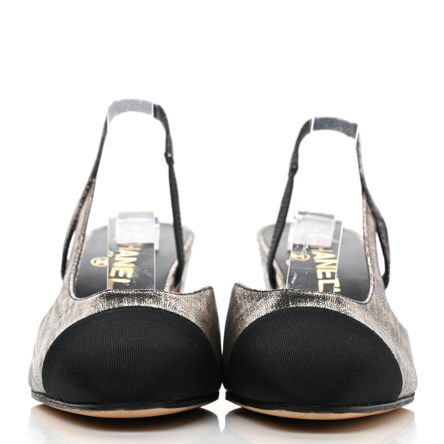 Chanel Metallic Lambskin Grosgrain Cap Toe CC Slingback Sandals 38.5 Black Gold 2 of 9