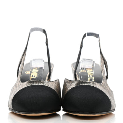Chanel Metallic Lambskin Grosgrain Cap Toe CC Slingback Sandals 38.5 Black Gold 2 of 9