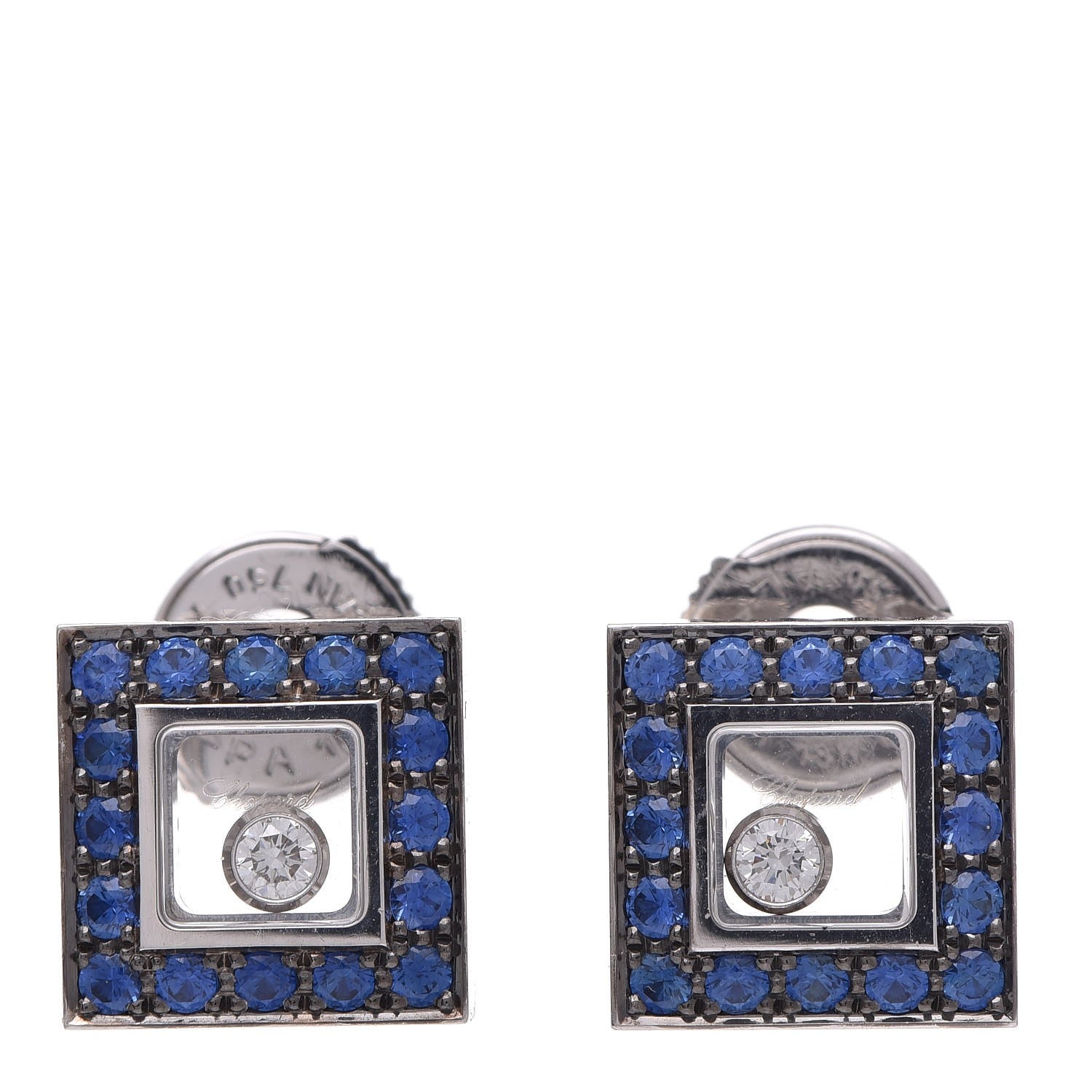 Chopard 18K White Gold Diamond Blue Sapphire Happy Diamonds Square Earrings 1 of 5
