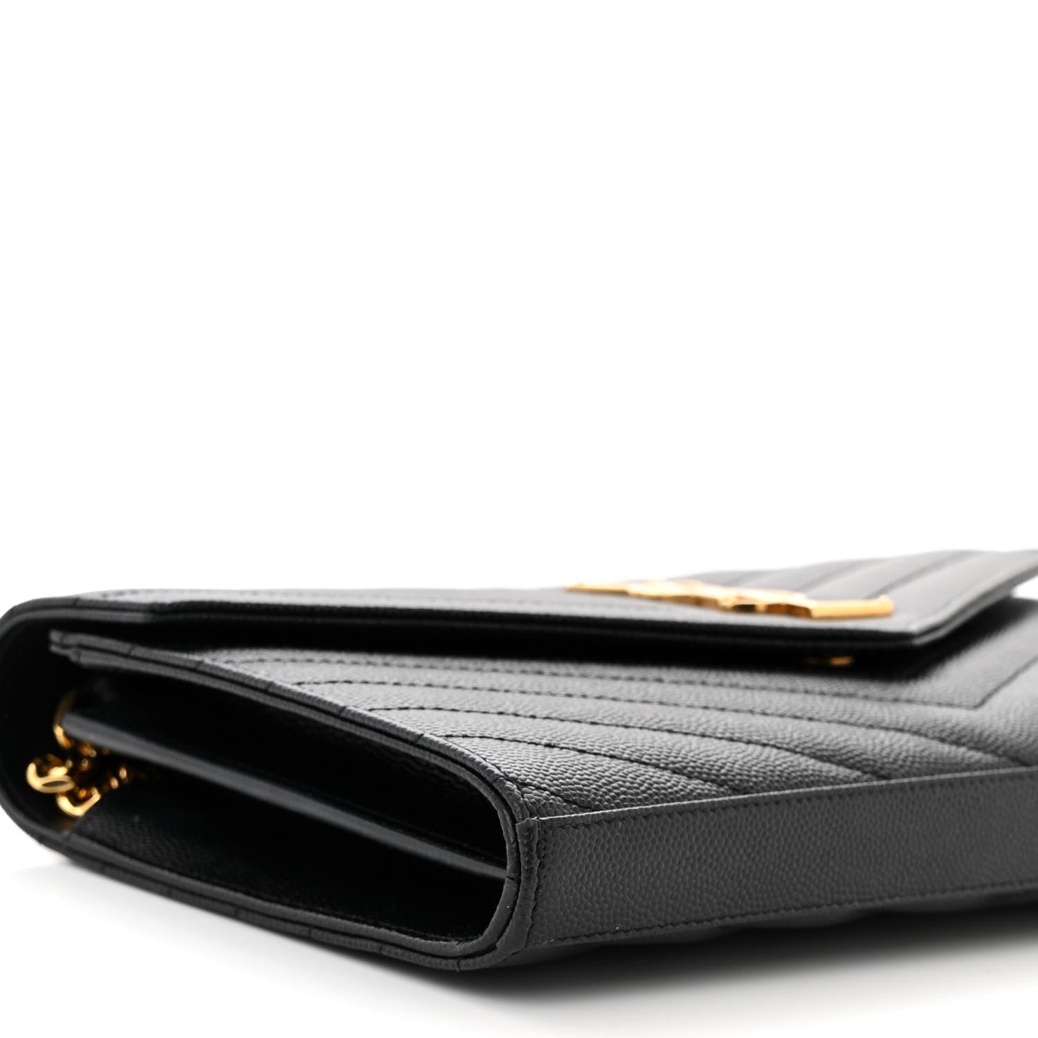 Saint Laurent Grain De Poudre Matelasse Chevron Monogram Chain Wallet Black 11 of 14