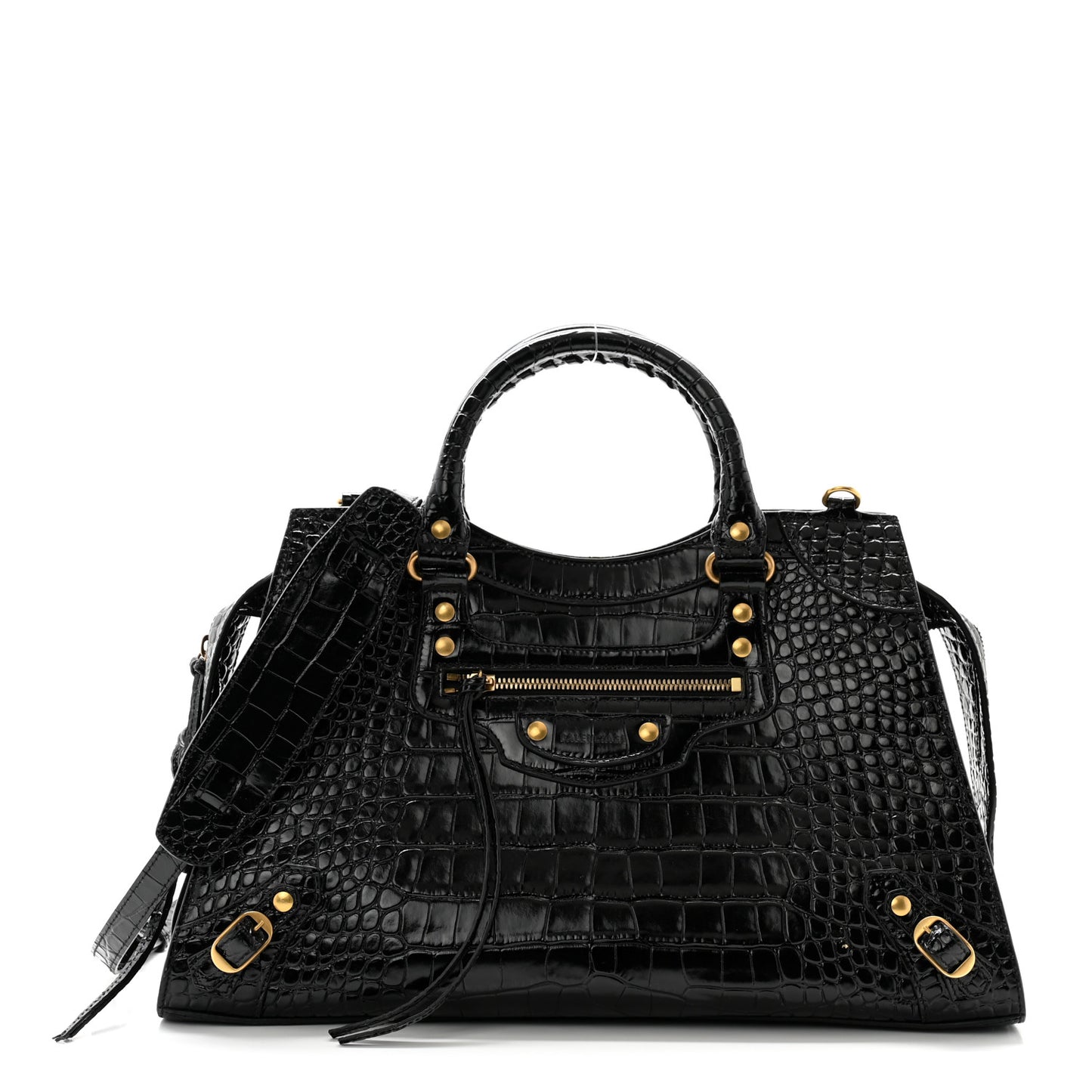 Shiny Supple Calfskin Crocodile Embossed Brass Hardware Neo Classic City Black