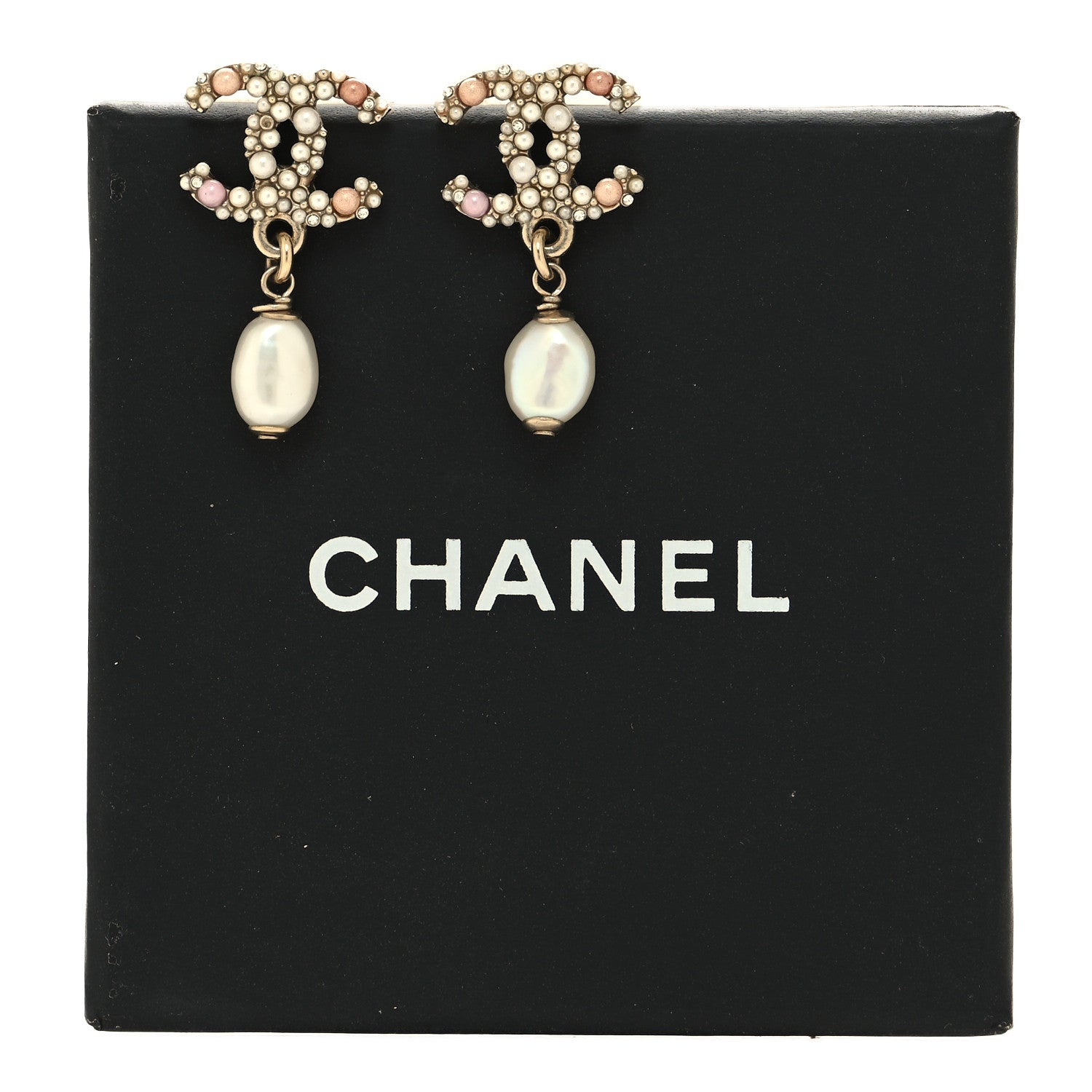 Chanel Pearl Crystal CC Charm Drop Earrings Light Gold Pink 5 of 5