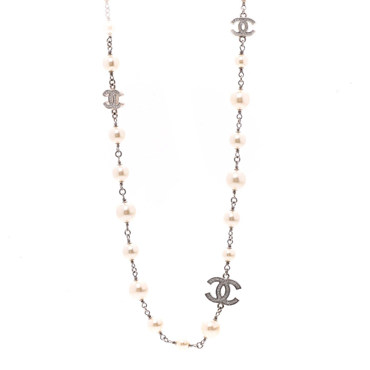 Crystal Pearl CC Long Necklace Silver