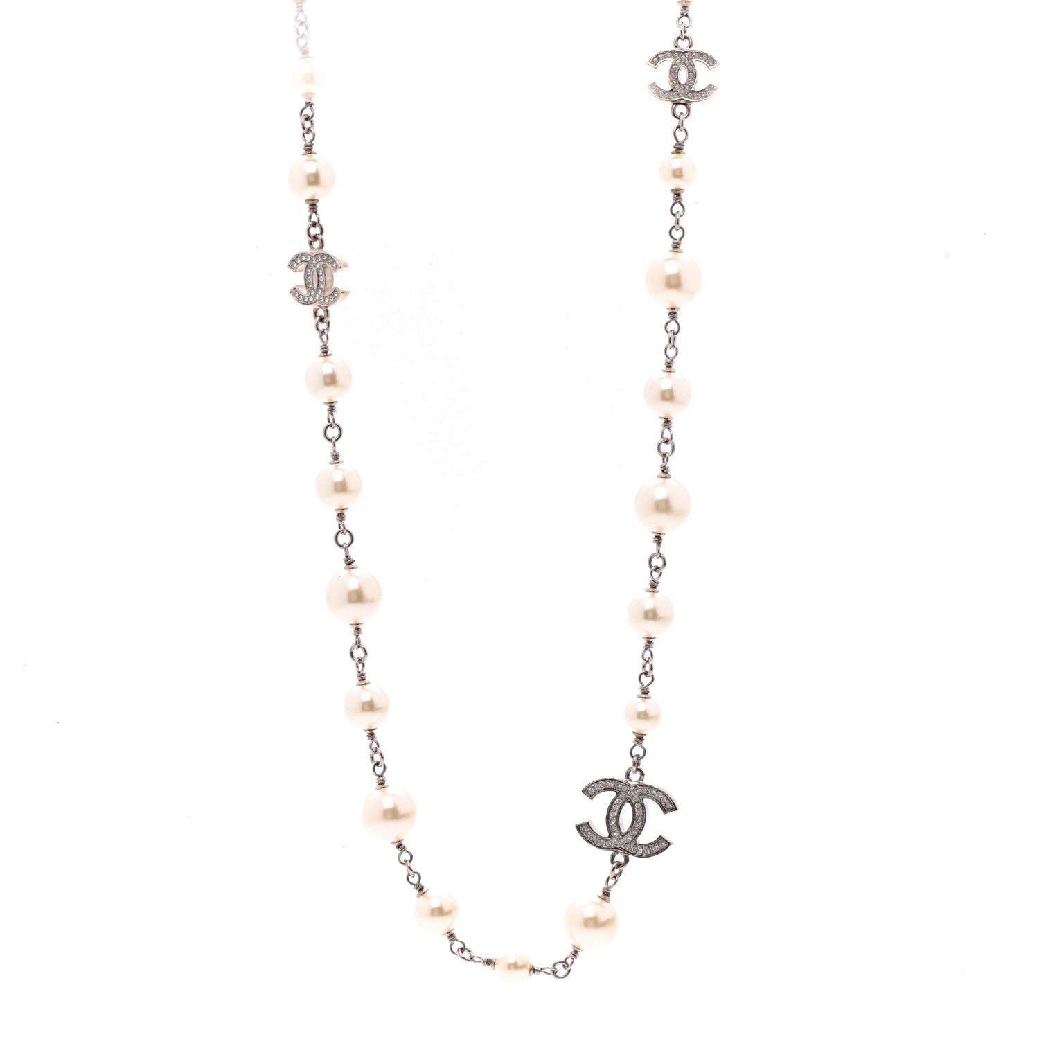 Chanel Crystal Pearl CC Long Necklace Silver 1 of 6