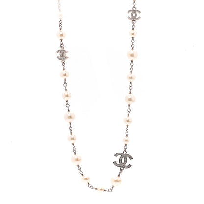 Chanel Crystal Pearl CC Long Necklace Silver 1 of 6