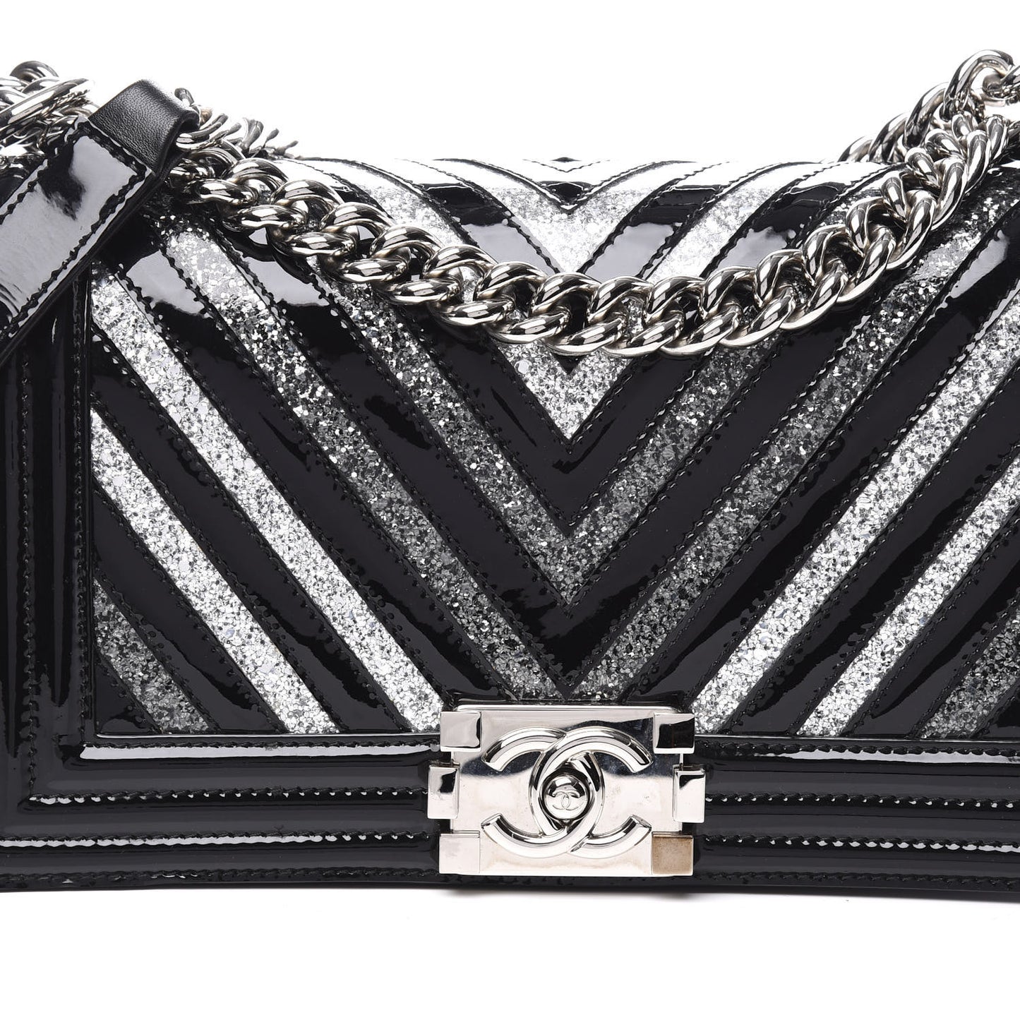 Patent Glitter PVC Chevron Quilted Medium Boy Flap Black Silver