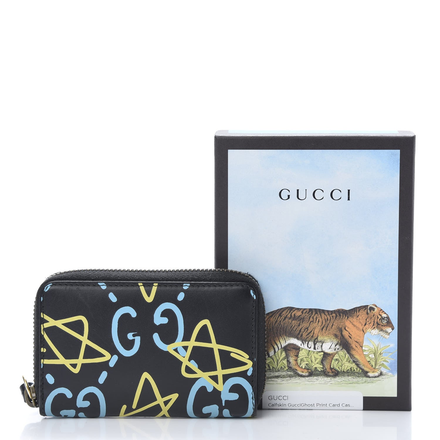 Gucci Calfskin GucciGhost Zip Around Card Case Black New Acquamarine 9 of 9