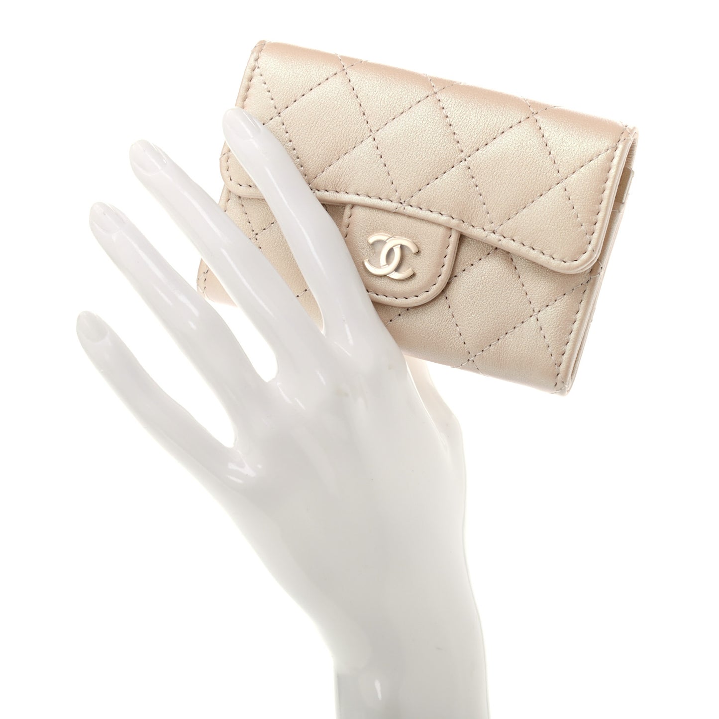 Iridescent Calfskin Quilted Flap Card Holder Wallet Beige