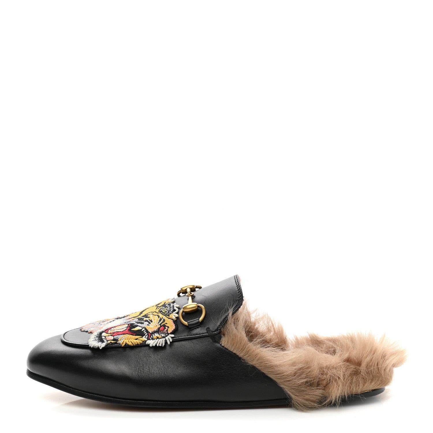 Gucci Calfskin Fur Tiger Embroidered Womens Princetown Slippers 37.5 Black 1 of 8