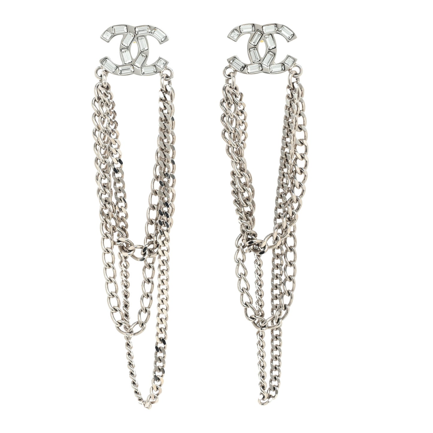 Crystal Baguette CC Chain Drop Earrings Silver