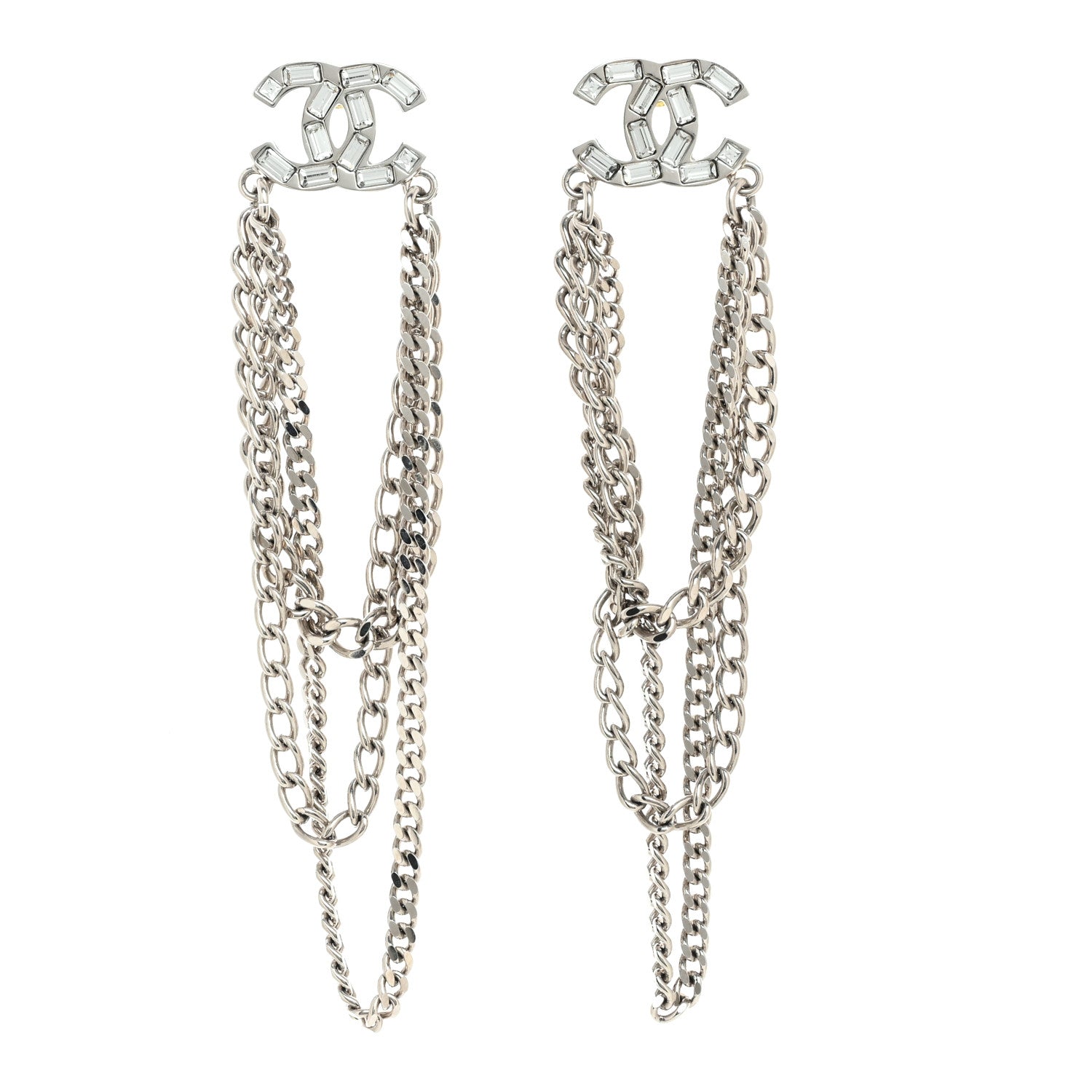 Chanel Crystal Baguette CC Chain Drop Earrings Silver 1 of 5