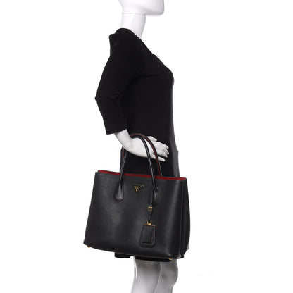 Prada Saffiano Cuir Medium Double Bag Black Fuoco 2 of 11
