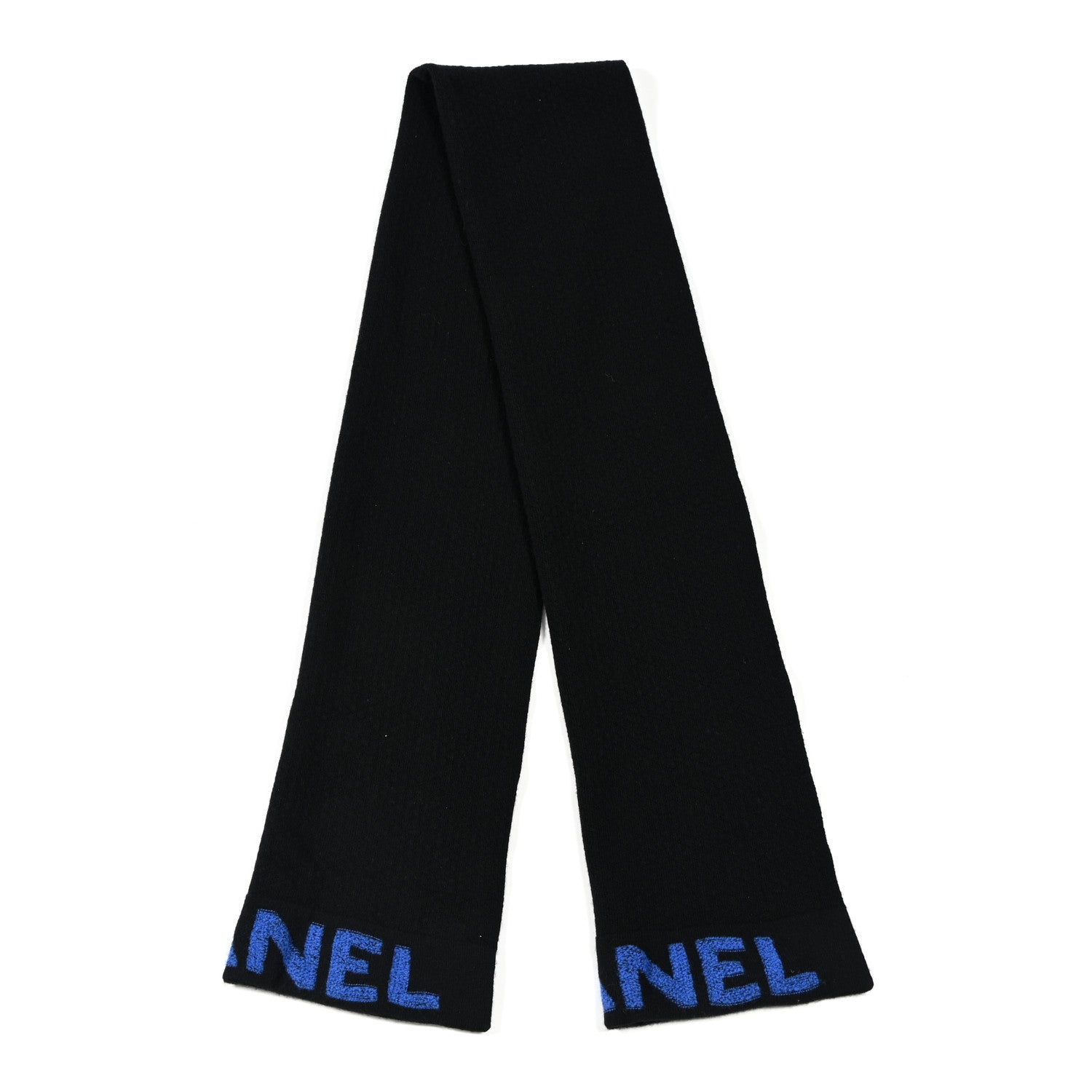 Chanel Cashmere Wool Logo Scarf Black Blue 2 of 3