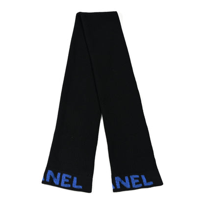 Chanel Cashmere Wool Logo Scarf Black Blue 2 of 3