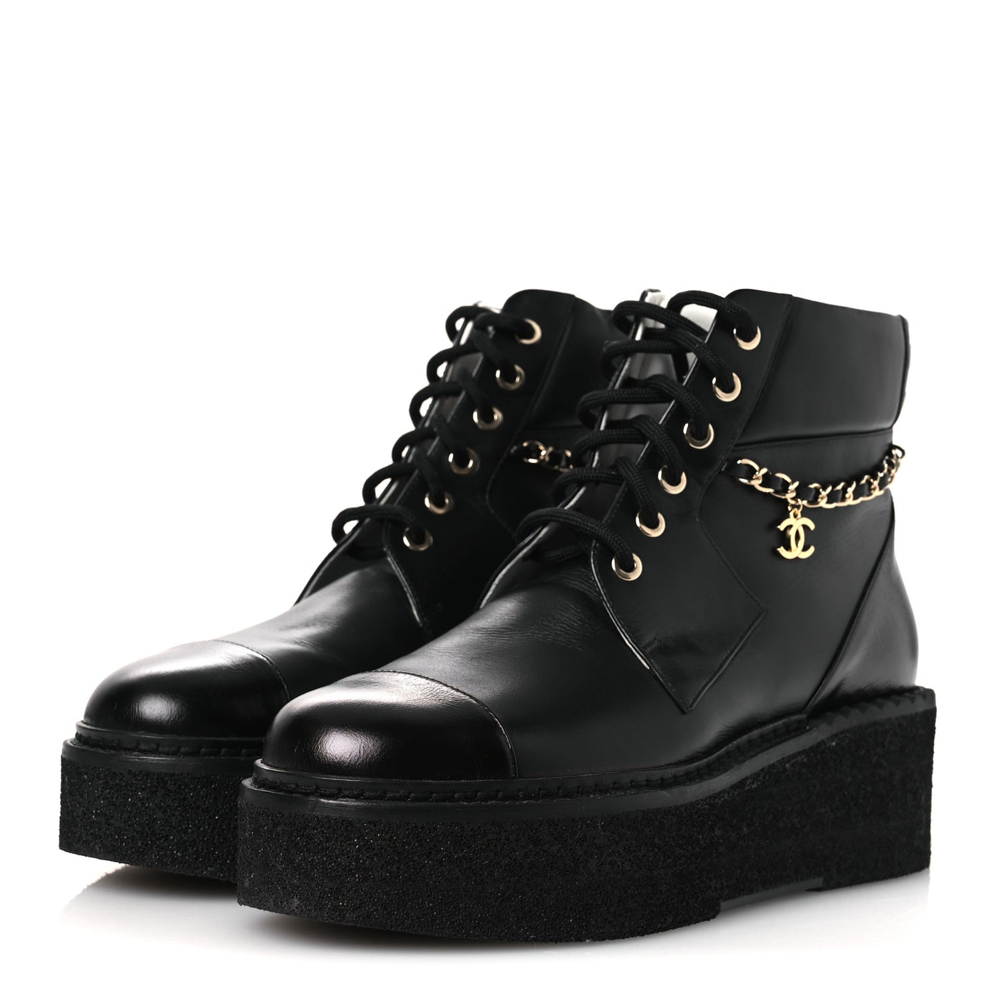 Calfskin Shiny Calfskin Chain Lace Up CC Short Boots 38.5 Black