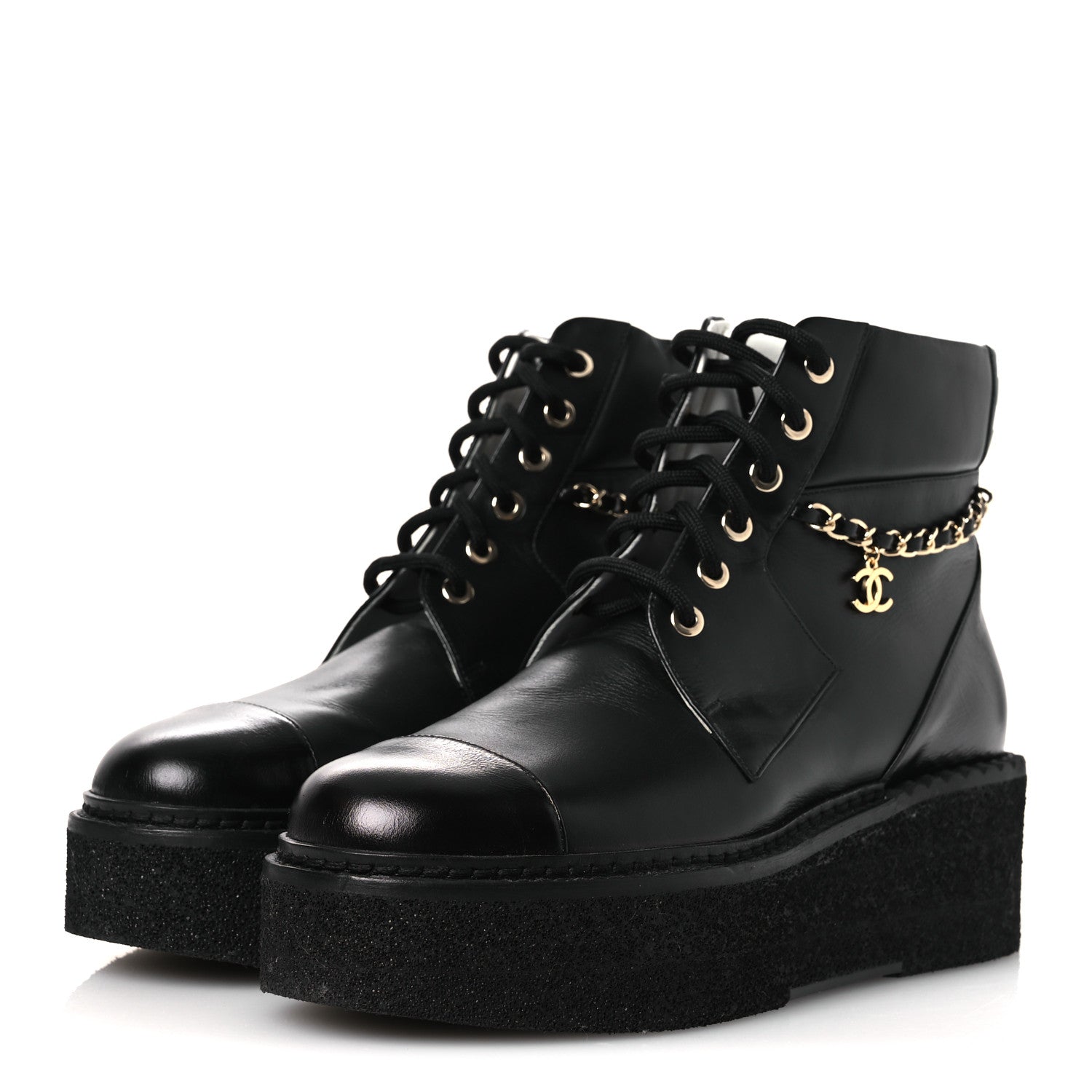 Chanel Calfskin Shiny Calfskin Chain Lace Up CC Short Boots 38.5 Black 4 of 11