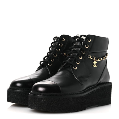 Chanel Calfskin Shiny Calfskin Chain Lace Up CC Short Boots 38.5 Black 4 of 11