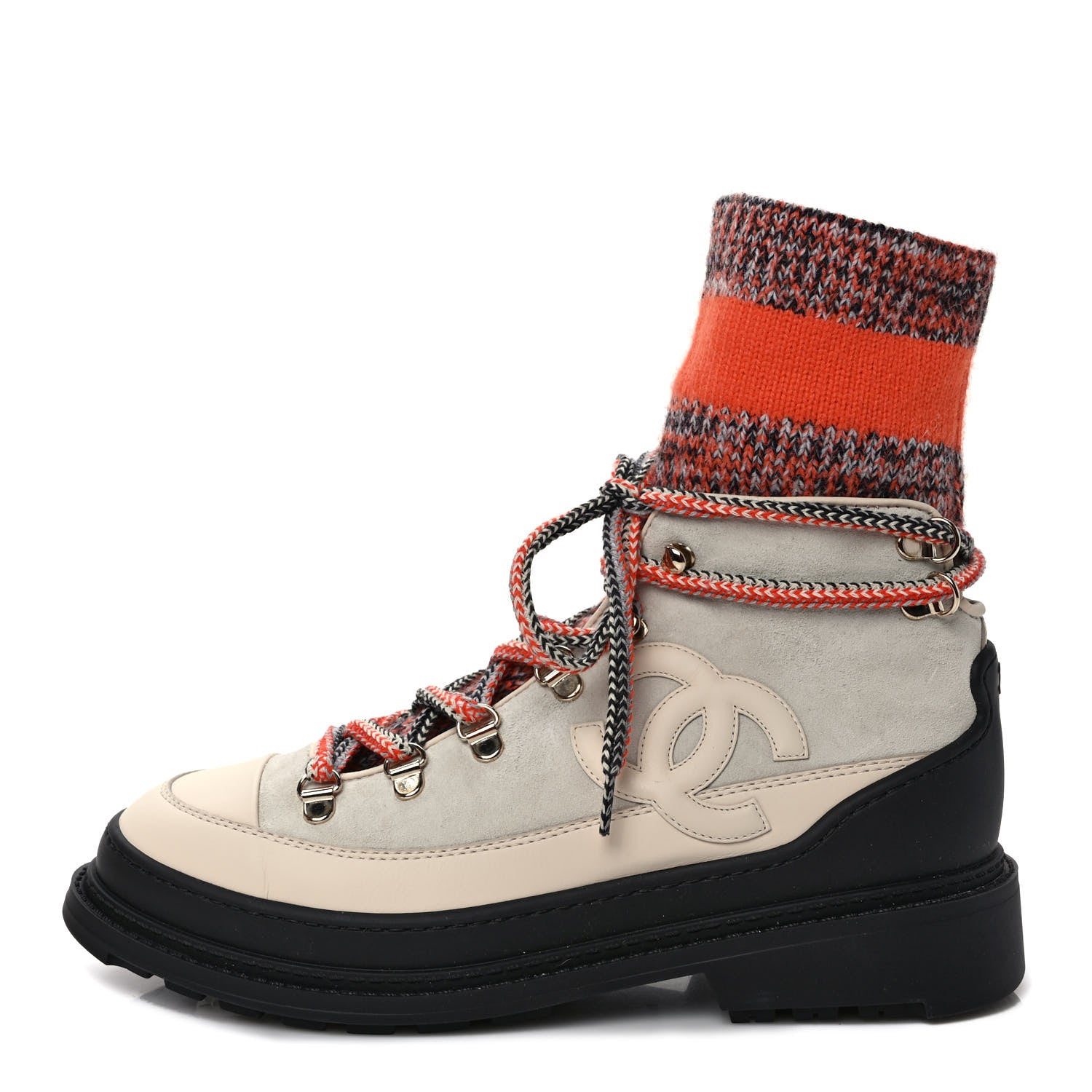 Chanel Suede Knit Womens Sock Lace Up Boots 38 Orange Dark Grey Ivory 1 of 7