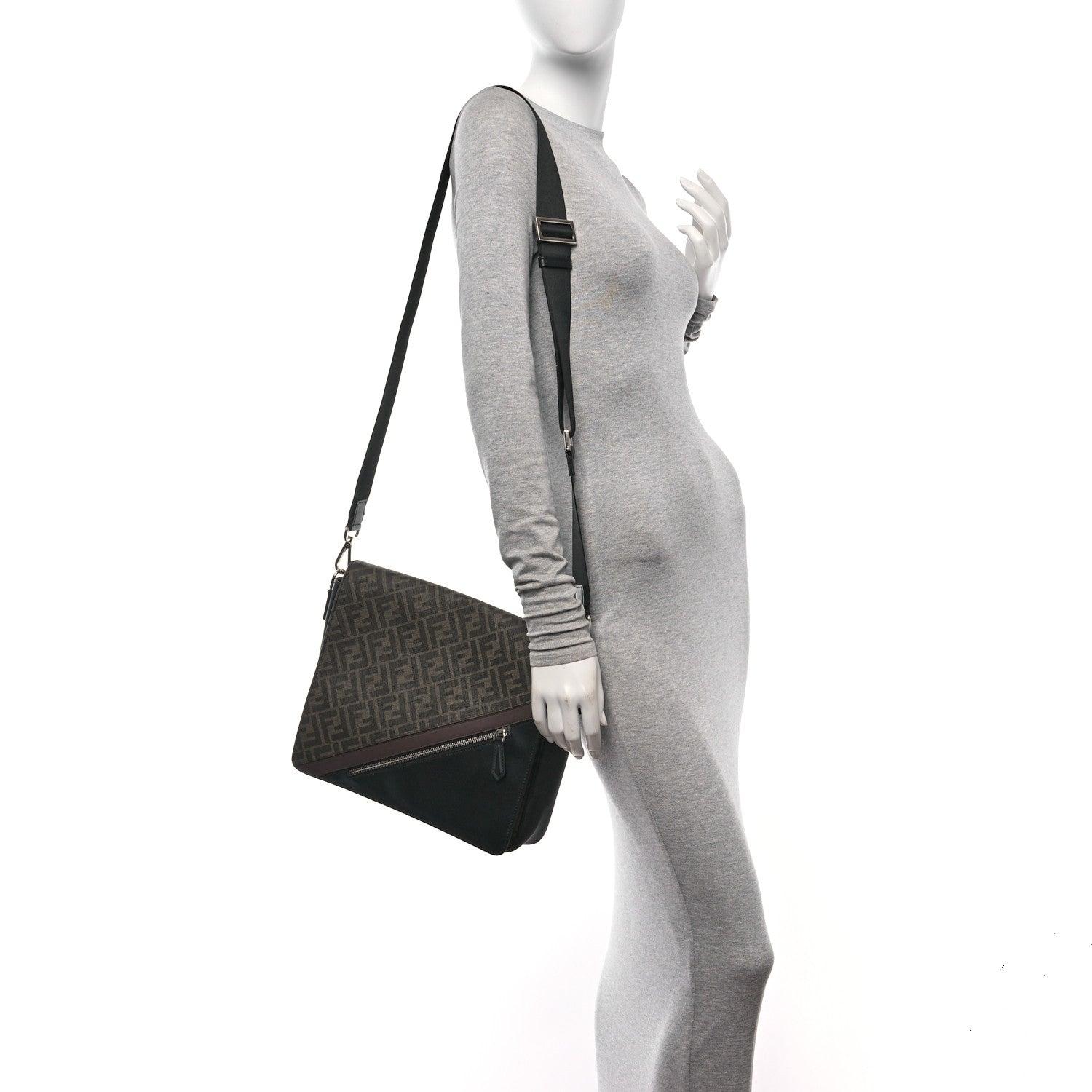 Fendi Glazed Fabric Vitello Liberty FF 1974 Diagonal New Messenger Flap Tobacco Moresco Black 2 of 9