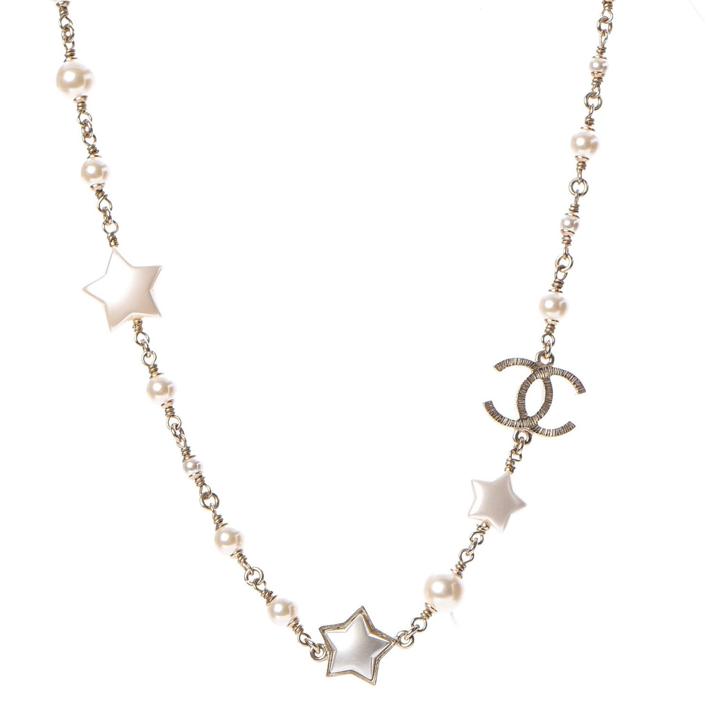 Metal Resin Pearl Star CC Necklace Gold