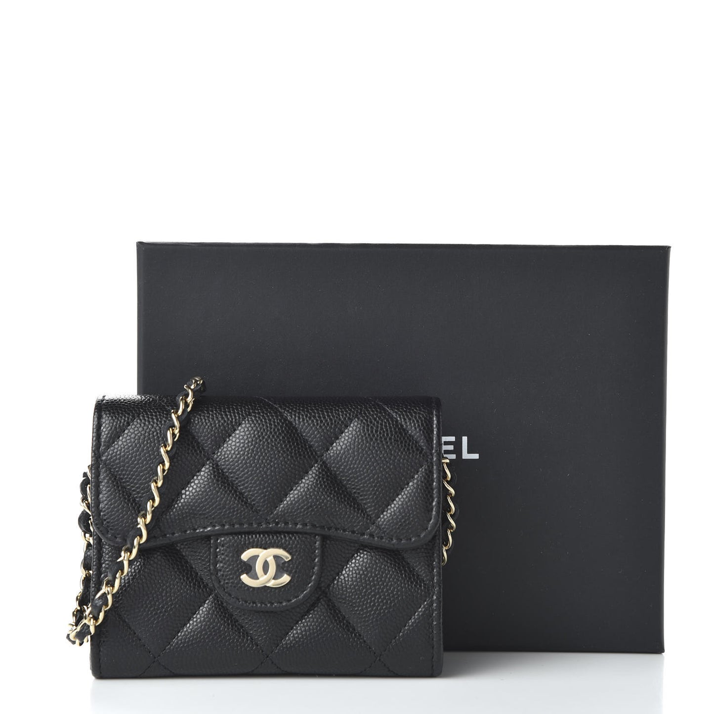 Caviar Quilted Flap Card Holder On Chain Black