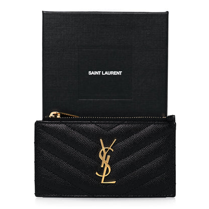Saint Laurent Grain De Poudre Matelasse Chevron Monogram Fragments Zippered Card Case Black 9 of 9
