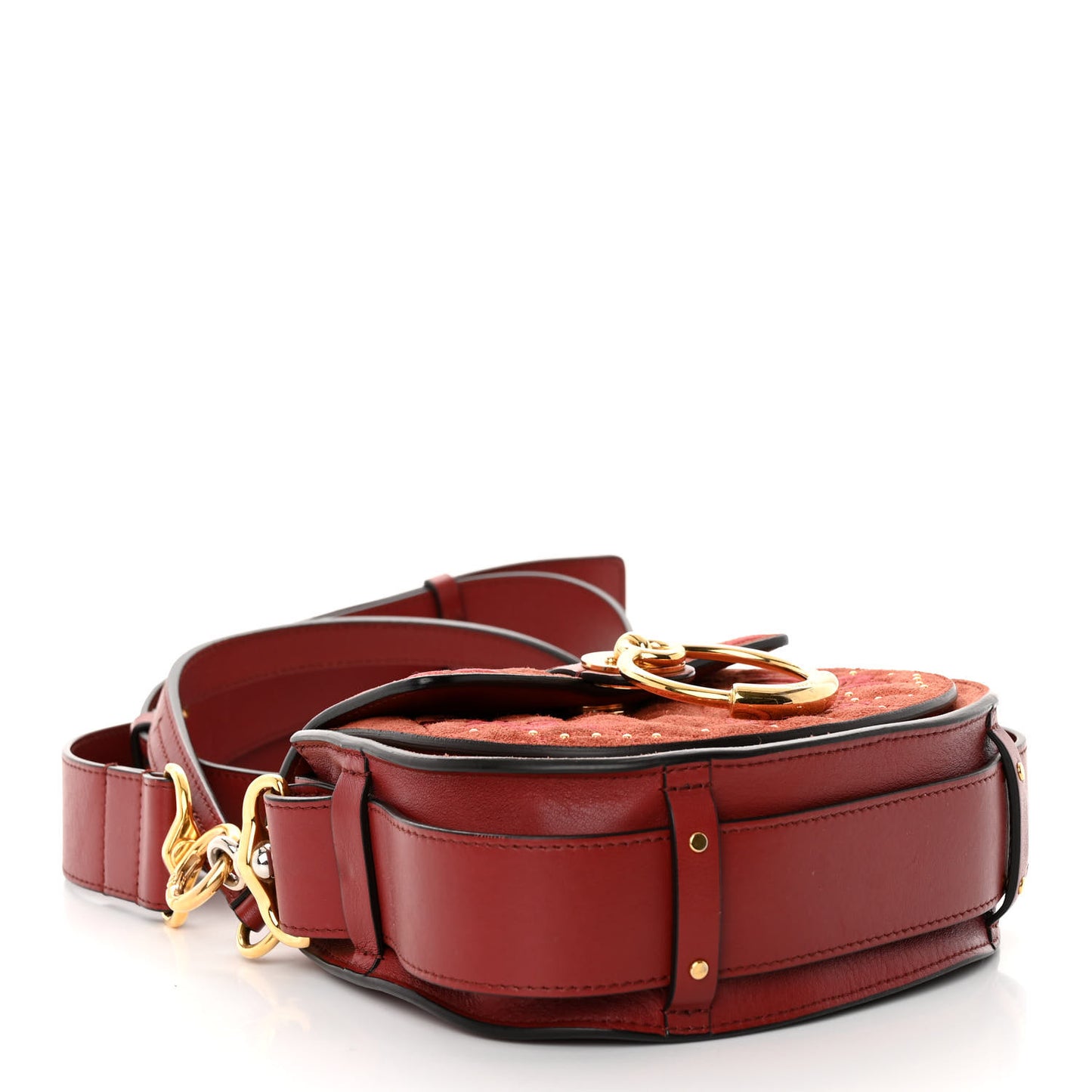 Suede Calfskin Quilted Embroidered Small Tess Saddle Bag Reddish Brown