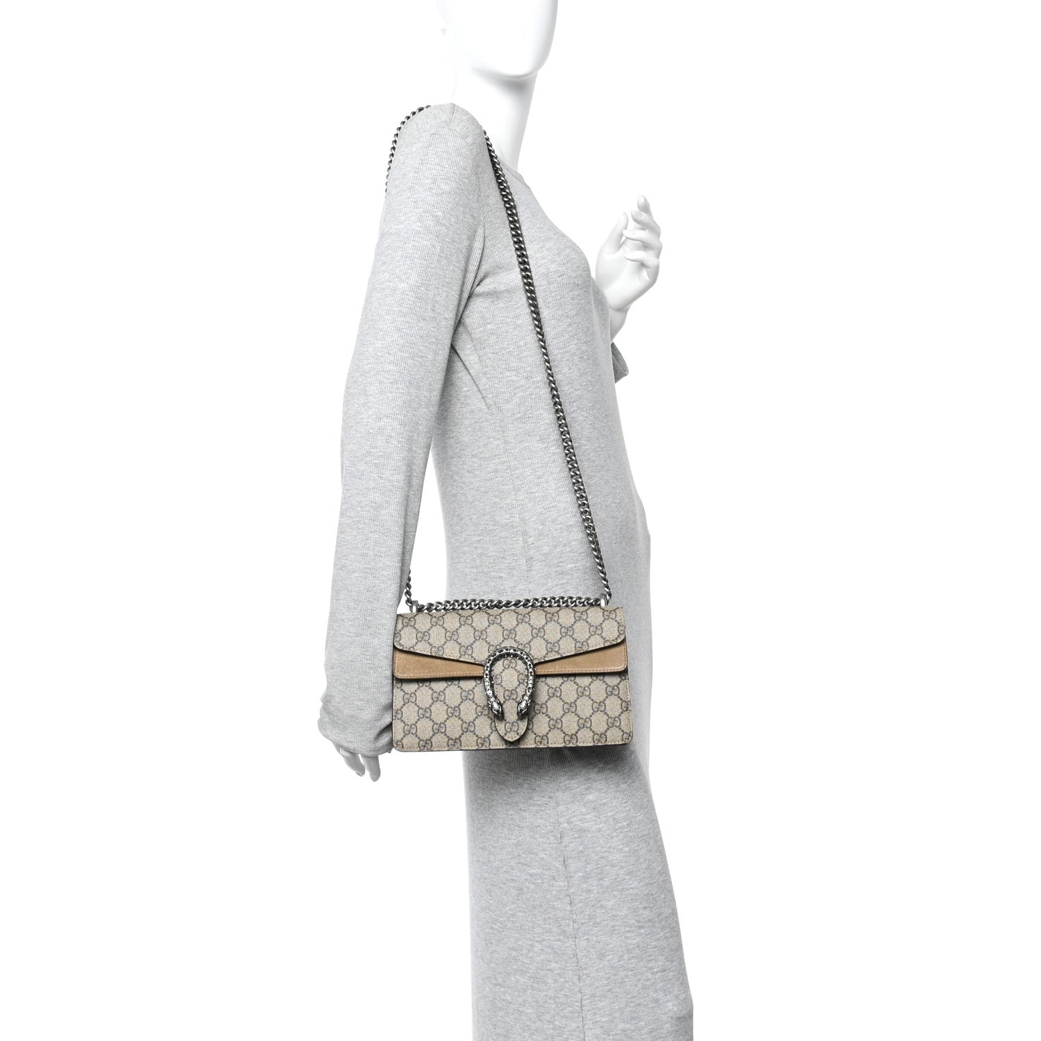 Gucci GG Supreme Monogram Suede Crystal Small Dionysus Shoulder Bag Beige Ebony Taupe 2 of 10