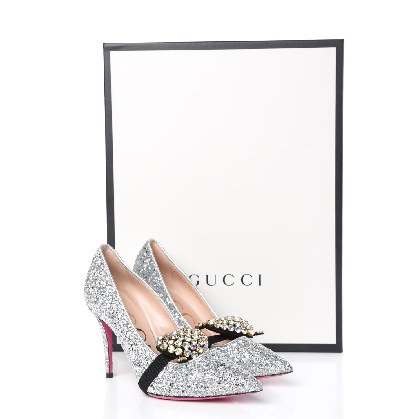 Nappa Silk Glitter Removable Crystal Heart Pumps 38.5 Argento