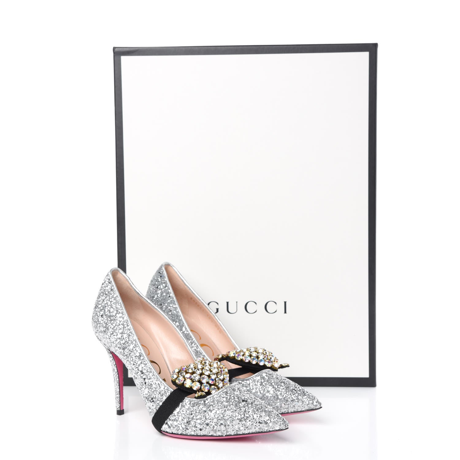 Gucci Nappa Silk Glitter Removable Crystal Heart Pumps 38.5 Argento 11 of 11
