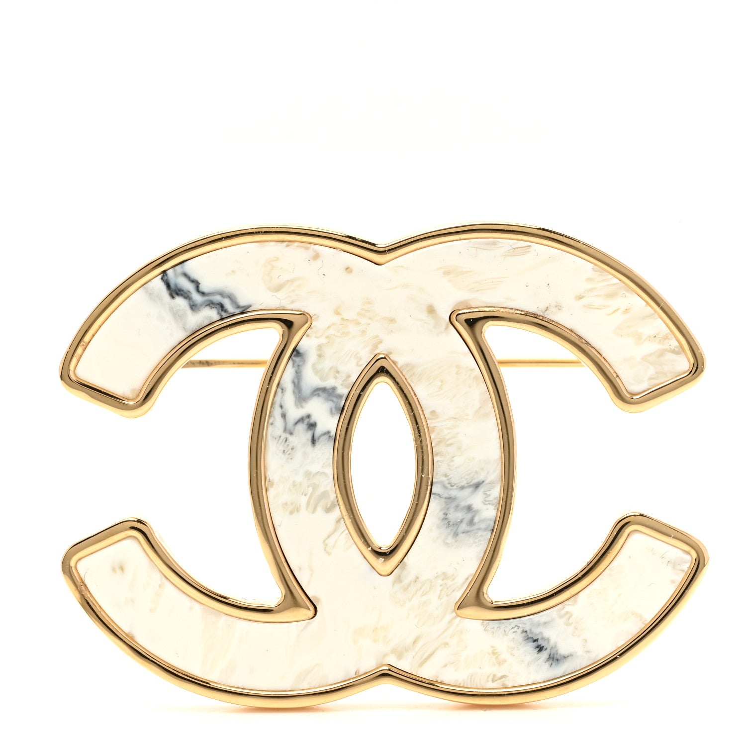 Chanel Metal Resin CC Brooch Gold White Gray 1 of 5