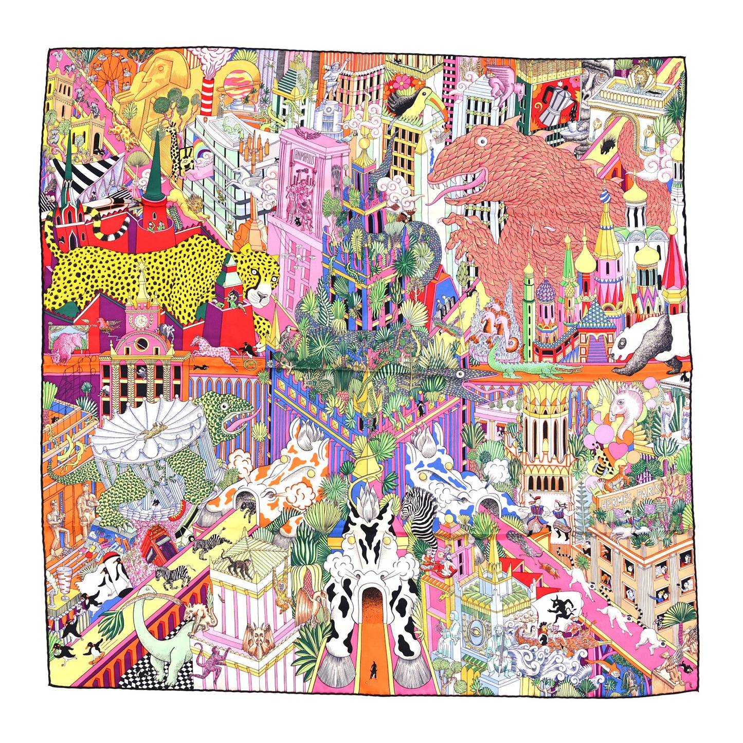 Silk Animapolis Scarf 90 Jaune Vif Vert Rose