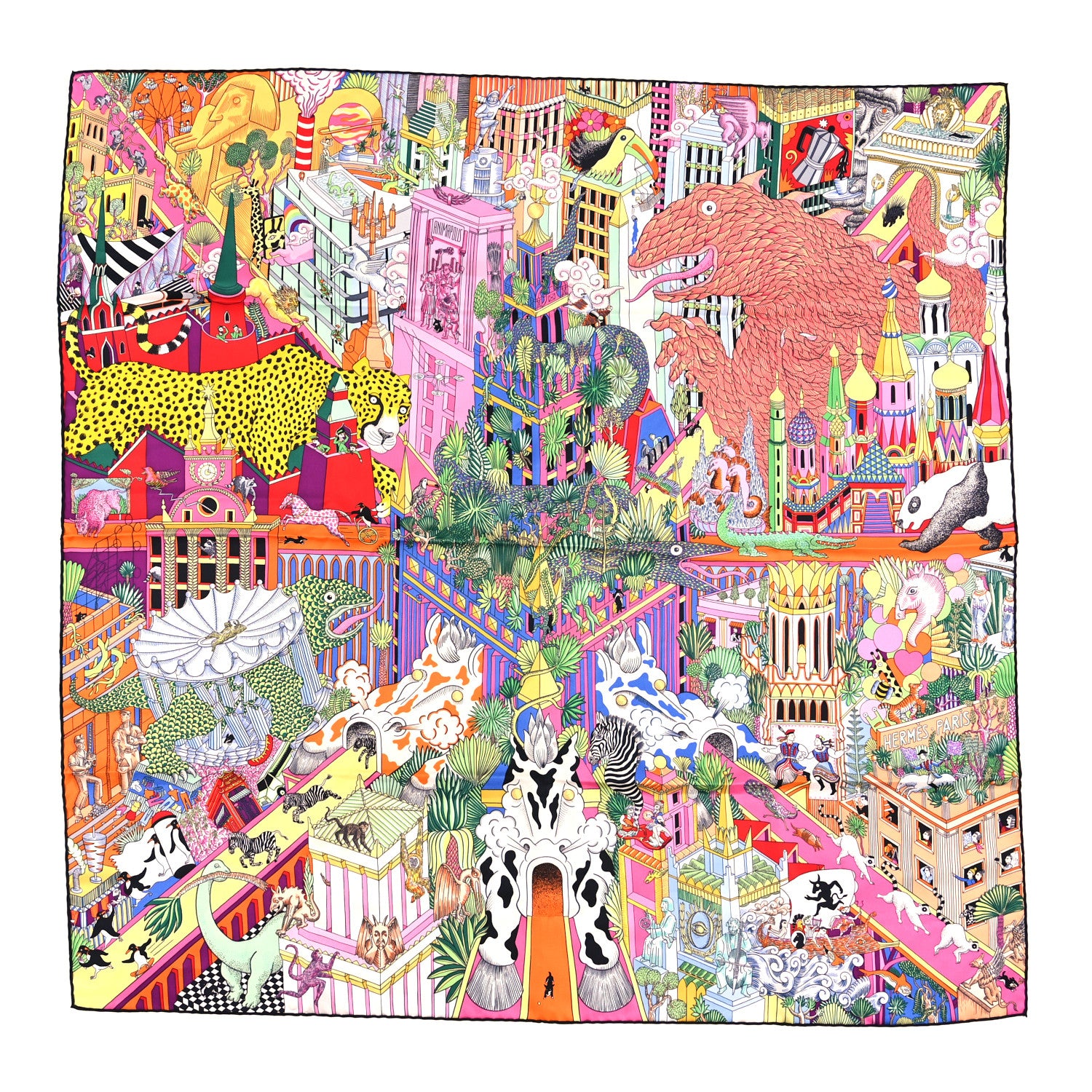 Hermes Silk Animapolis Scarf 90 Jaune Vif Vert Rose 1 of 3