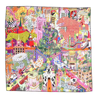 Hermes Silk Animapolis Scarf 90 Jaune Vif Vert Rose 1 of 3