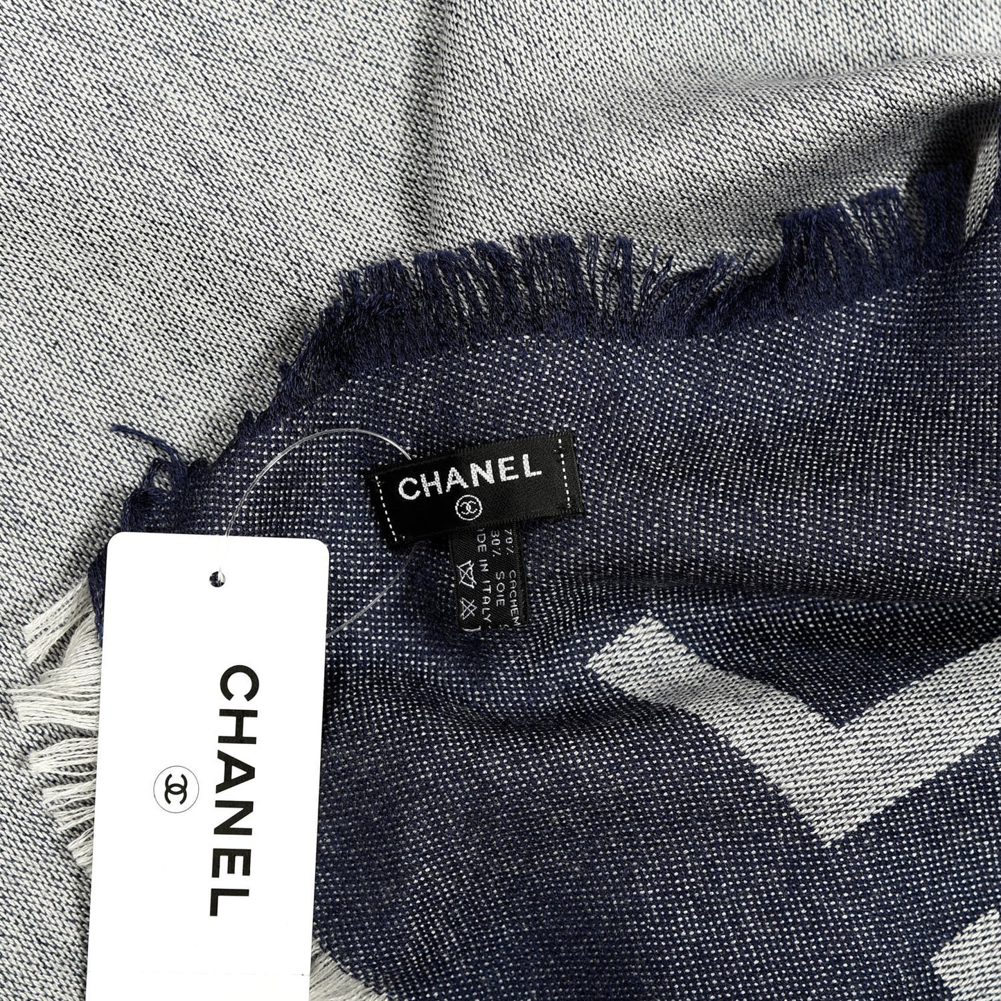 Cashmere Silk CC Logo Fringe Scarf Navy Blue