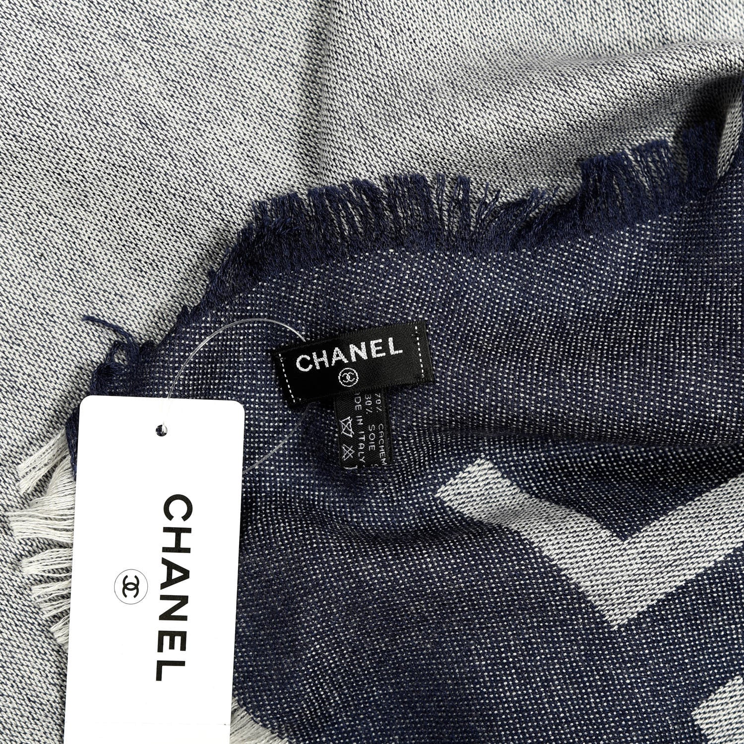 Chanel Cashmere Silk CC Logo Fringe Scarf Navy Blue 3 of 3