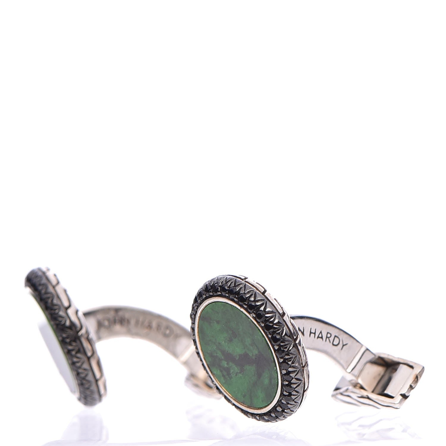 John Hardy Sterling Silver Green Jade Black Sapphire Batu Round Cufflinks 3 of 6