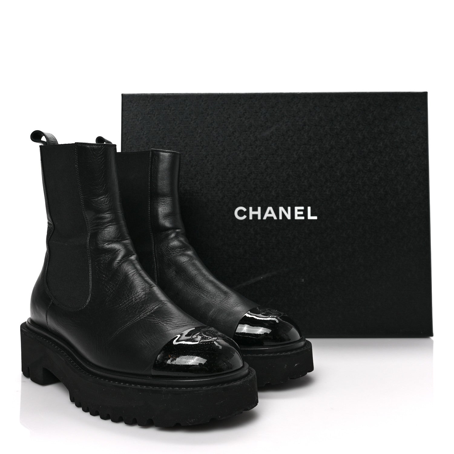 Chanel Crumpled Calfskin Patent Cap Toe Short Boots 39 Black 7 of 7