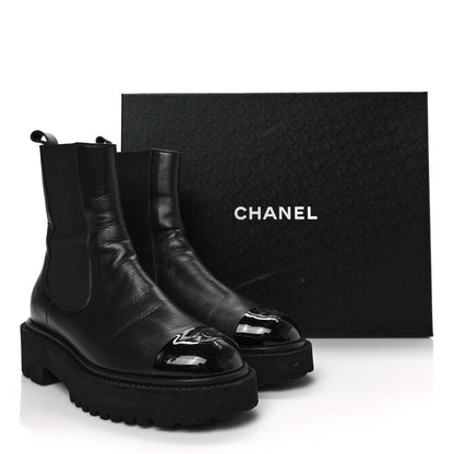 Chanel Crumpled Calfskin Patent Cap Toe Short Boots 39 Black 7 of 7