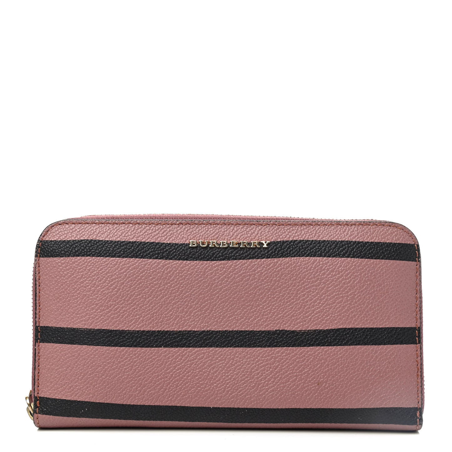 Grainy Calfskin Striped Long Zip Around Wallet Pink Black