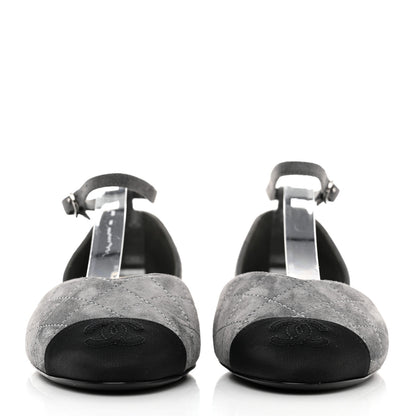 Chanel Suede Grosgrain Cap Toe CC Mary Jane Flats 37 Grey Black 2 of 9
