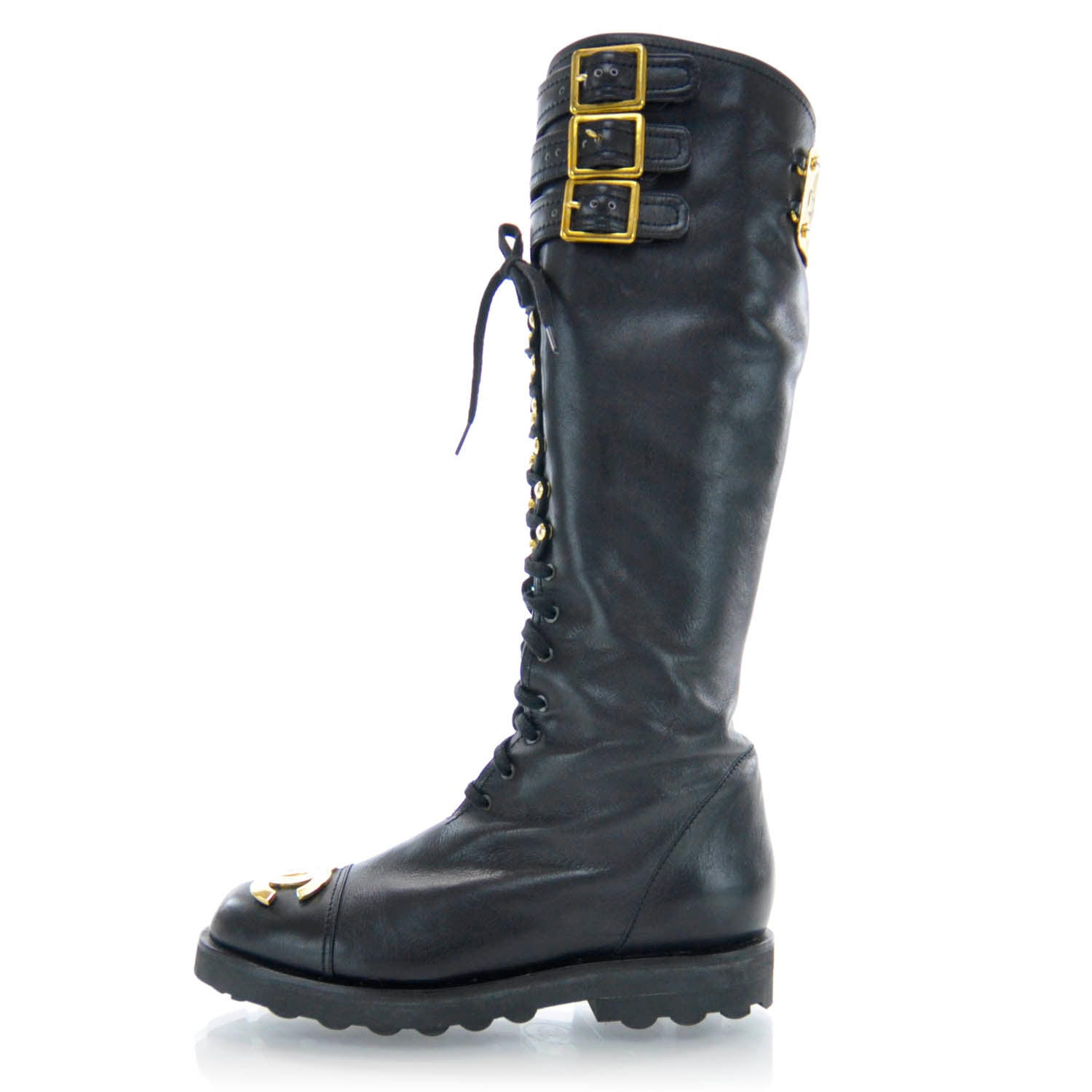 Chanel Leather CC Combat Boots 39 Black 1 of 6