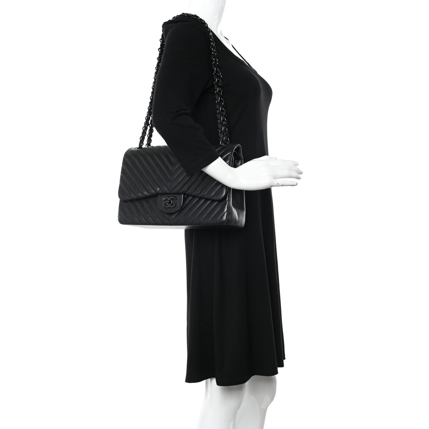 Chanel Lambskin Chevron Quilted Jumbo Double Flap So Black 2 of 19