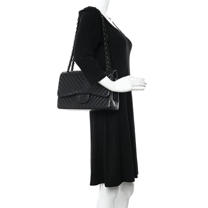 Chanel Lambskin Chevron Quilted Jumbo Double Flap So Black 2 of 19